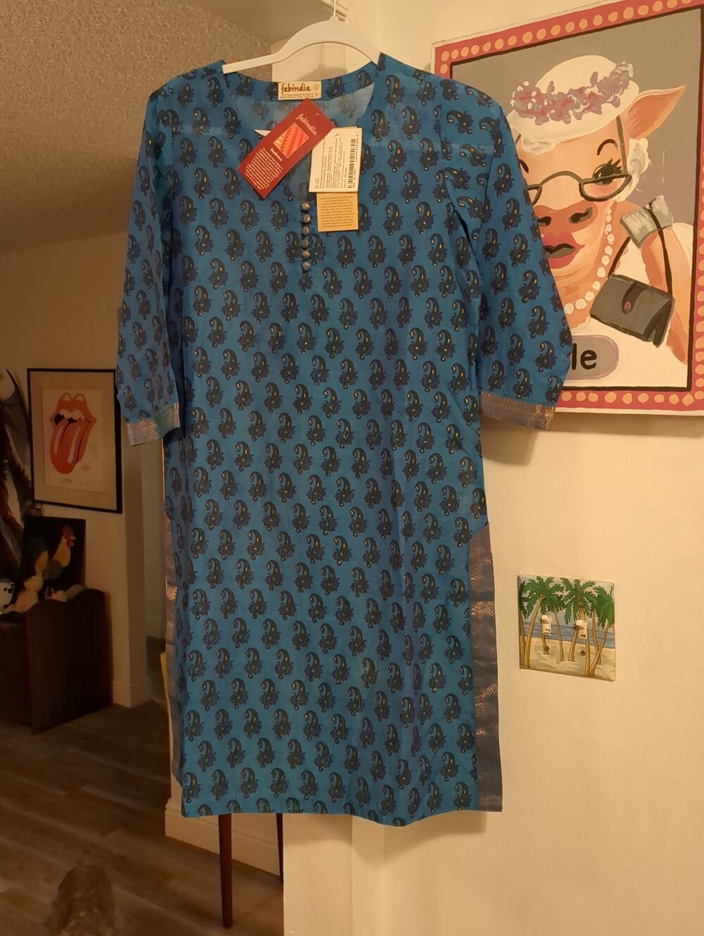 NWT Fabindia tunic, kurta dress PAISLEY Blue Sz small - Picture 5 of 7